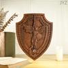 Vintage Religious Wood Carving Shield of Saint Family, Holy Statues Wall Hanging Statue Home Decor