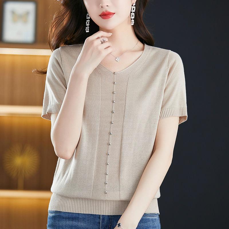 Été Nouveau T-shirt Tricoté en Soie Glacée pour Femmes Ample Col en V Manches Courtes T-shirt Haut Fin Manches Courtes