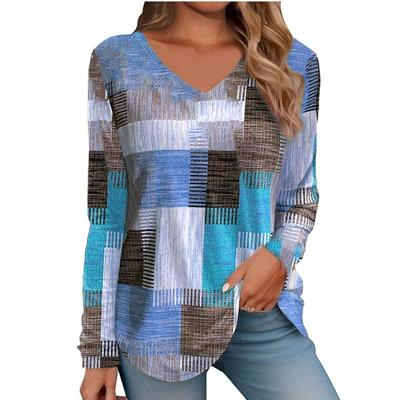 Tops de manga comprida femininos, camisas com decote em V, casual, estampa floral 3D, blusas básicas da moda, túnicas de outono, roupas justas, camisetas