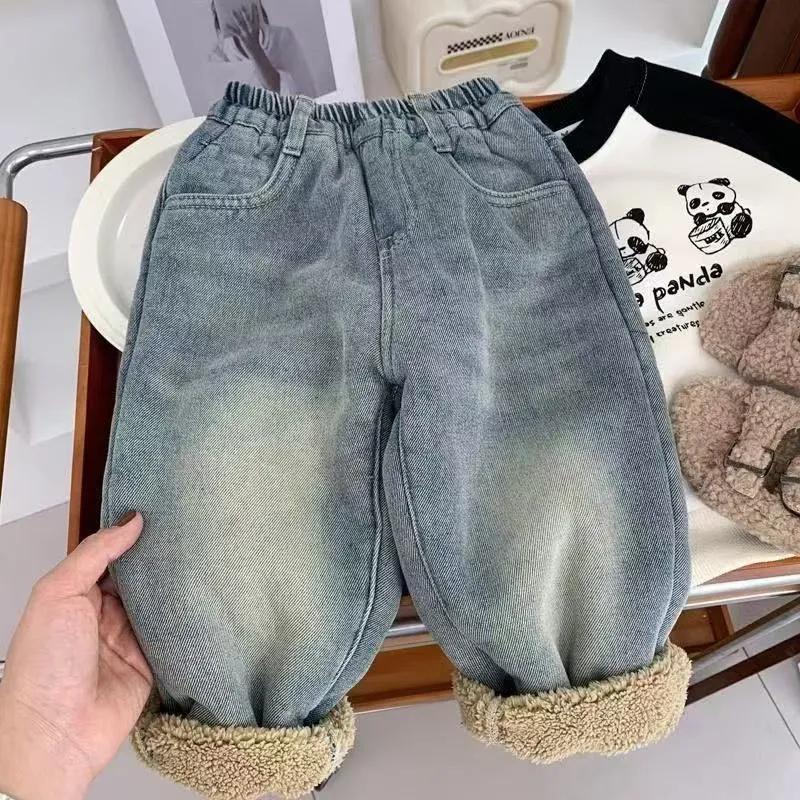 

Children s Winter Thickened Warm Trousers Fleece Jeans Boys Girls Plush Velvet Denim Pants 110 синій