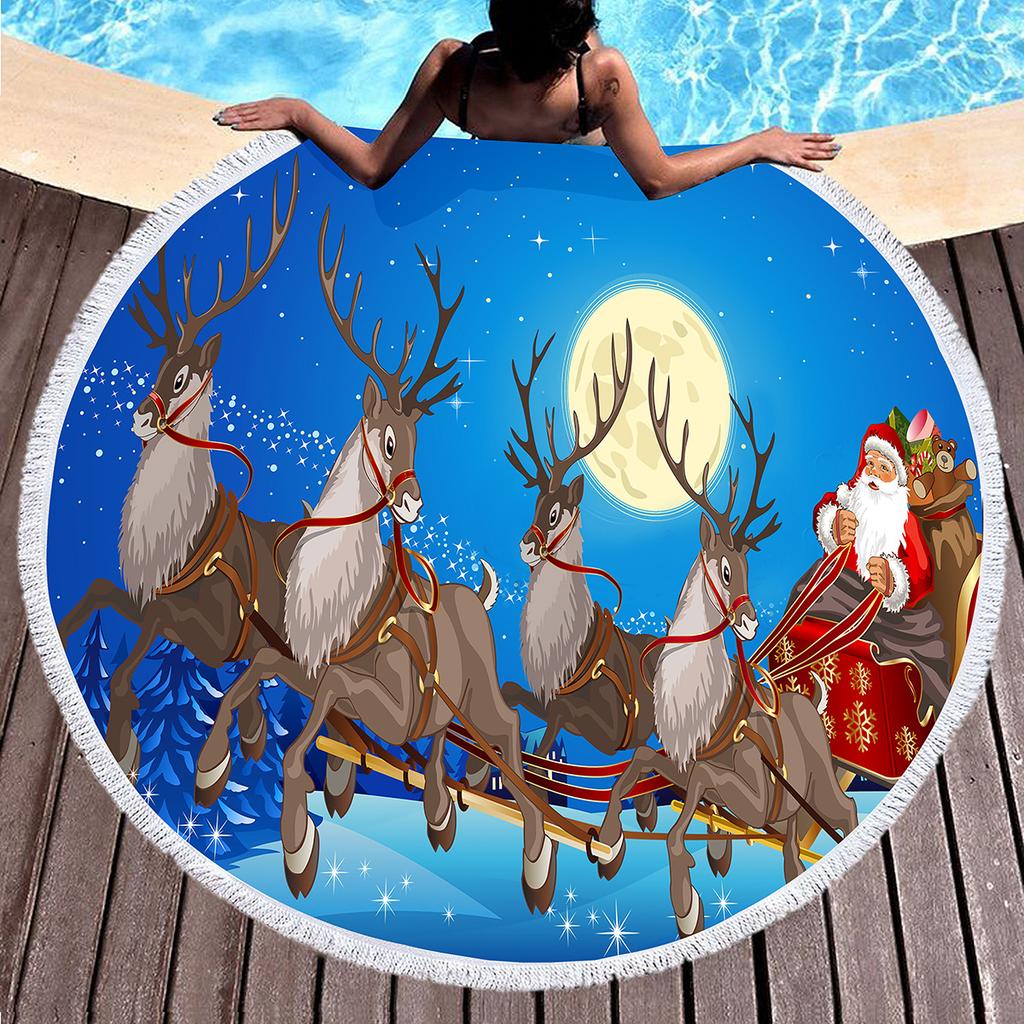 Cartoon Santa Claus Round Beach Towel,Christmas Theme Beach Towels, Microfiber Bath Towel for Boys Girls Adult New Year's Gift