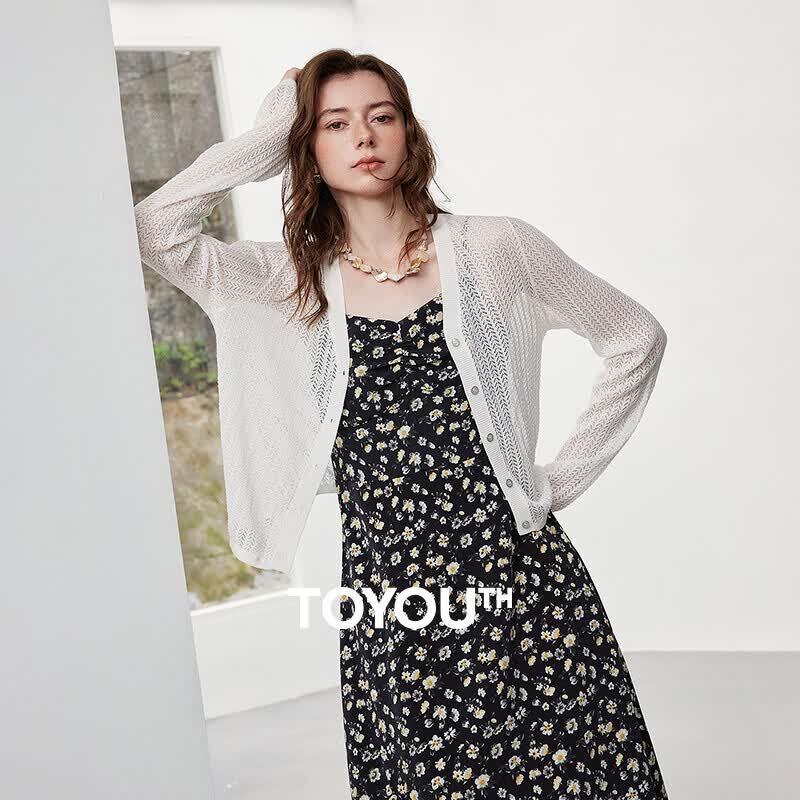 Chuyu Women s Lyocell V-Neck Hollow Knit Short Cardigan S