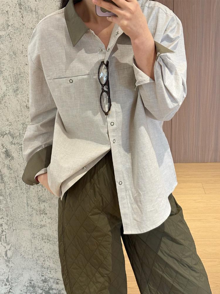 Four Beauties Retro Color Block Lapel Long Sleeve Women s Slimming Shirt for Early Spring Large