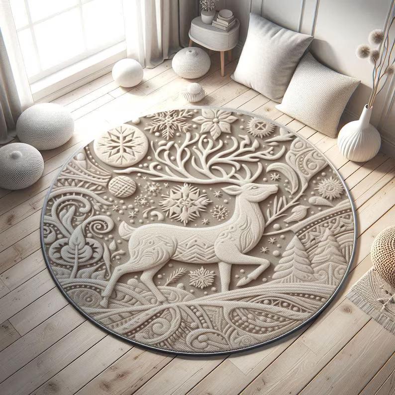 Christmas Tree Round Rug Snowflake Decor Xmas Area Rug Bedroom Living Room Carpet Decoration for The New Year