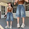 Kinderen Zomer Hoge Taille Ontspannen Wijde Pijp Middellang Denim Korte Broek voor Tienermeisjes Patchwork Rechte Knie Lengte Jeans
