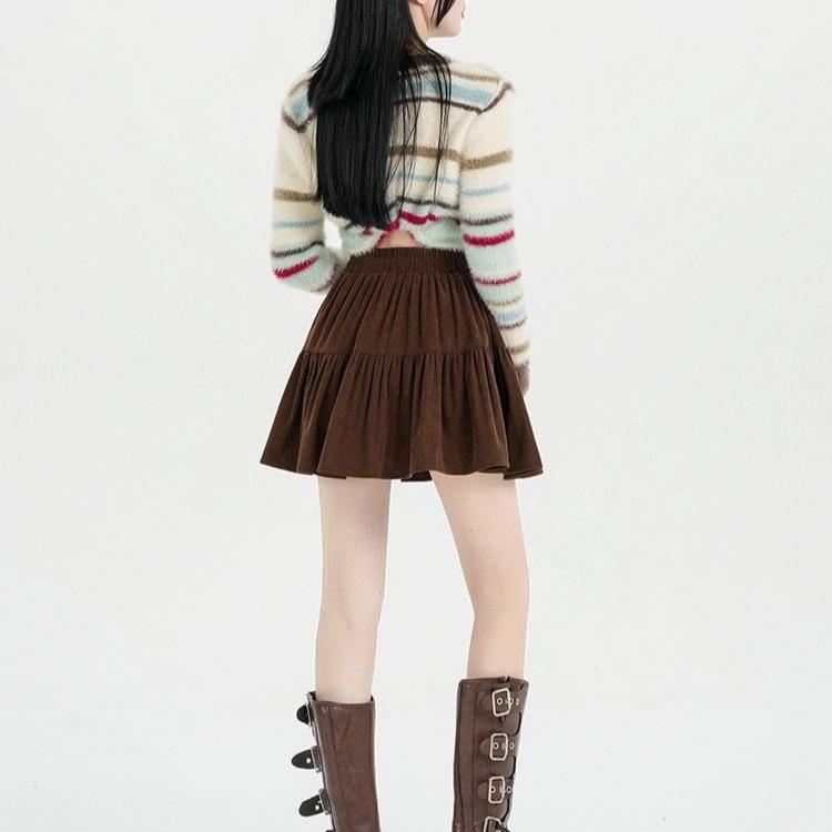 Women's Corduroy Umbrella Skirt High-Waist A-Line Skirt Autumn Short Mini Skirt
