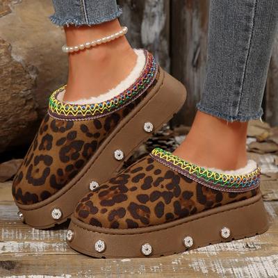 Mode Vintage Leopardenmuster Damen Plateau Schneestiefel Rutschfest Warm Plüsch Knöchelstiefel Damen Dicke Sohle Baumwollgepolsterte Schuhe Frau