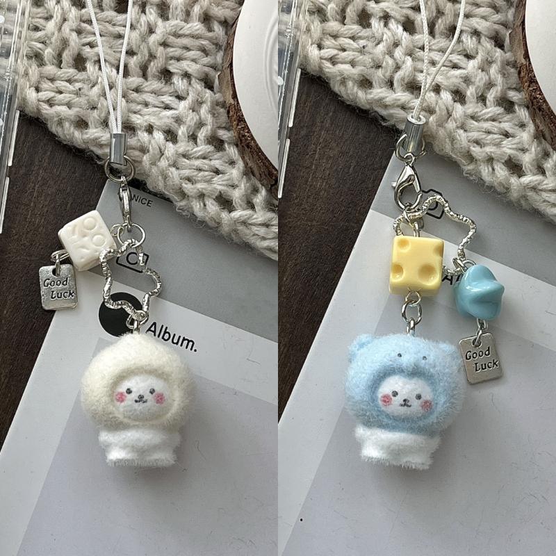 Cute Cartoon Flocking Little Bear Keychain Kawaii Pesin Mobile Phone Rope Pendant Backpack Decoration Pendant Accessories Gift