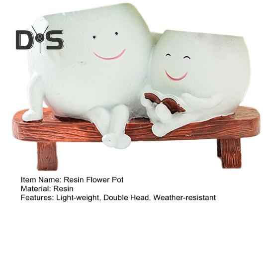 Smile Face Planter Resin Reading Lady Head Girl Face Flower Pot Double Head Succulent Planter with Drainage Hole for Home Office Balcony