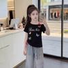 Girls Summer Butterfly Print Off Shoulder Short Sleeve Top Sweet Cool Fitted T Shirt