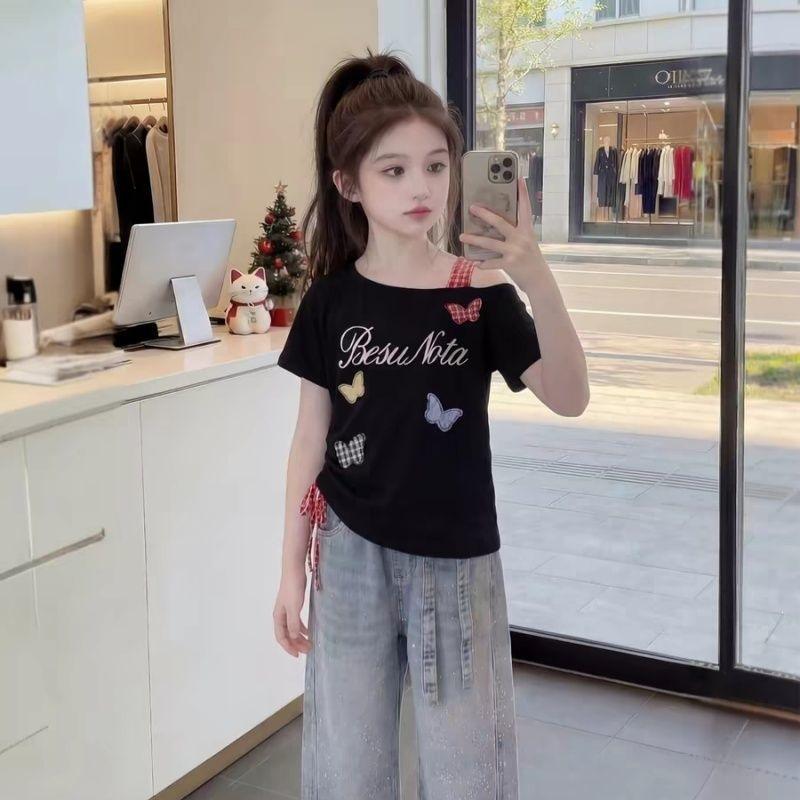 Girls Summer Butterfly Print Off Shoulder Short Sleeve Top Sweet Cool Fitted T Shirt