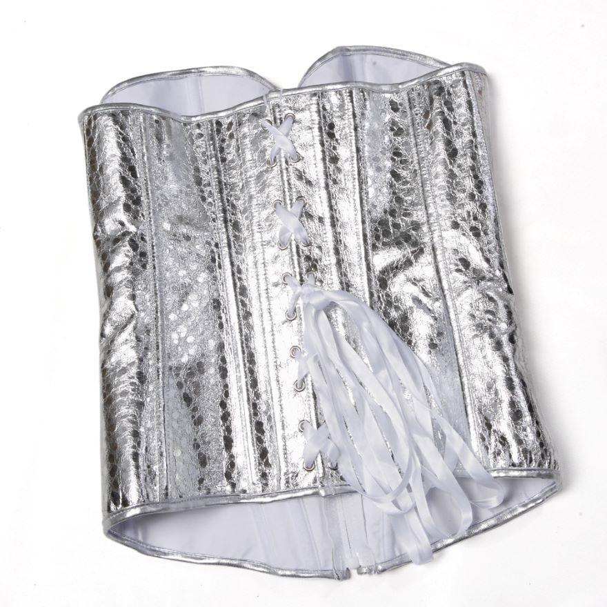 Silver Sequin Faux Leather Corset with Zipper - European & American Court Style Shapewear.