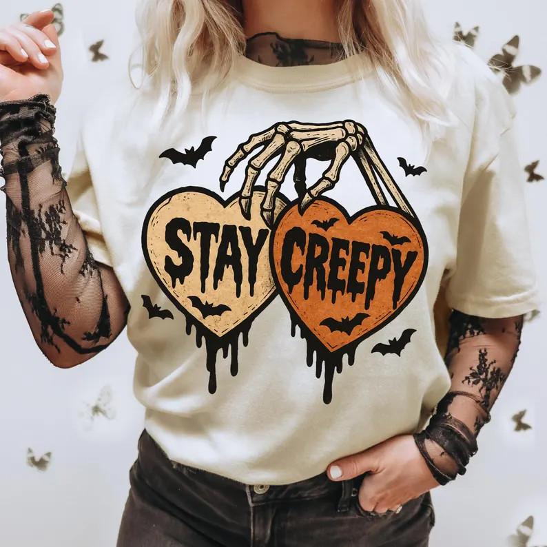 Stay Creepy Retro Dripping Heart Skeleton Hand Halloween PNG