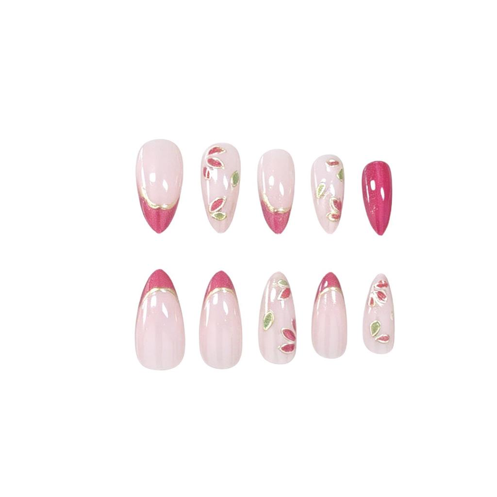24 Pieces Of Manicure Cat'S Eye French Gilt 3D Relief Three-Dimensional Petals Long Almonds Wearing Armor