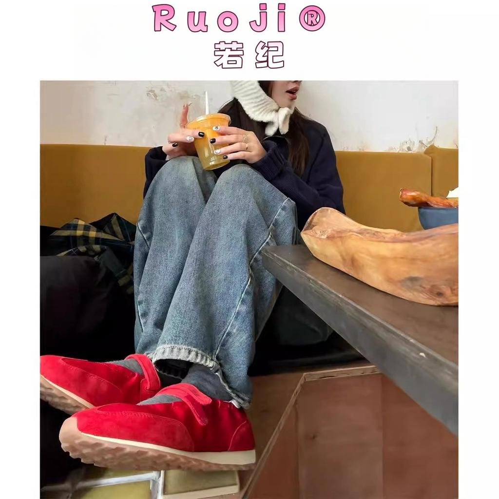 2025 new red Mary Jane women's shoes spring new pleated sports and leisure shoes retro ballet training shoes