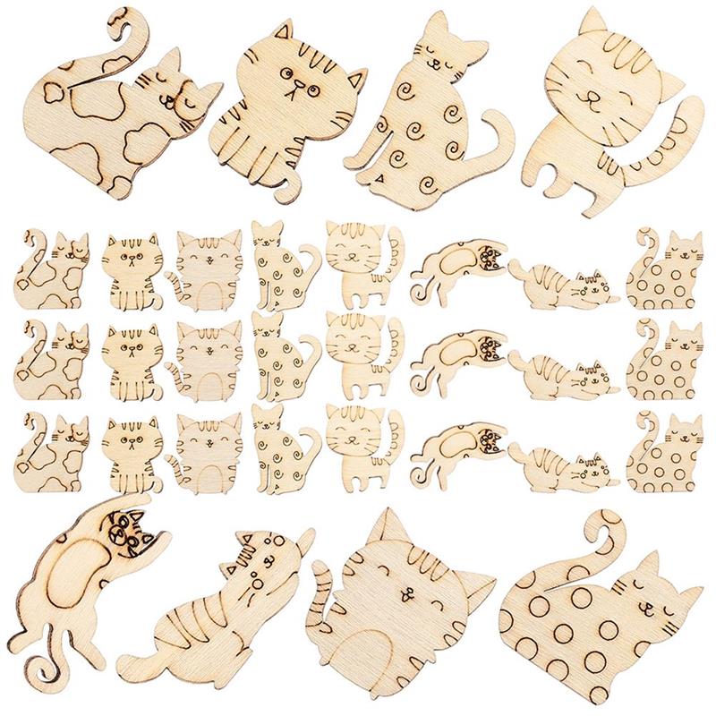 50pcs Wooden Cat Cutouts Unfinished Wood Slices Diy Craft Wooden Chips Kids Painting Toys Diy Graffiti Chips Wood 2.8X2.5CM