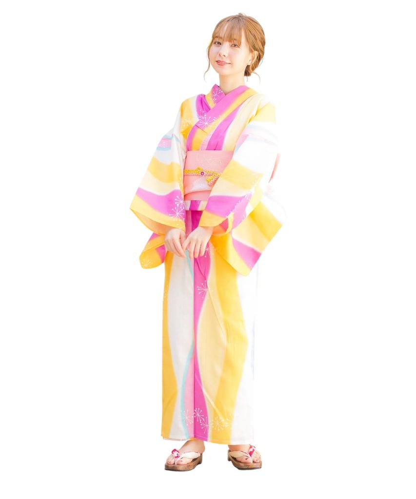 Dita Women's Yukata Set (5 pieces) with Pre-tied Obi, Pink & Yellow, Retro, Large Pattern, Pop, Bold, Easy to Wear by One Person (1: Mermaid Yellow,