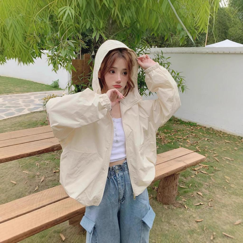 Spring Autumn Hooded Cropped Windbreaker Coat Women Design Casual Loose Jacket Top