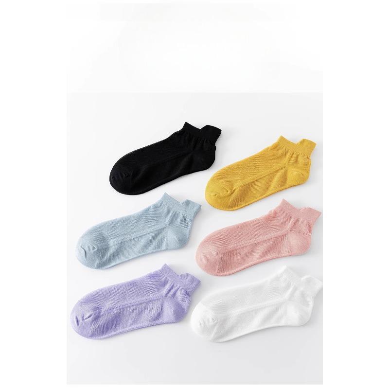 5 Pairs of Spring and Summer Thin Socks Women's Short Socks Solid Colour Anti-odor Sweat Breathable Colour Ear Mesh Shallow Boat Socks