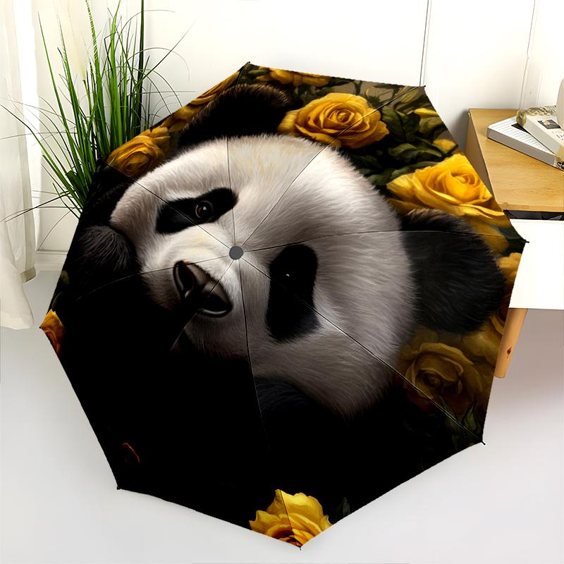 Panda and Rose Pattern, Automatic Folding Umbrella, Portable and Foldable Design, 8 Ribs, a Christmas or Birthday Gift.