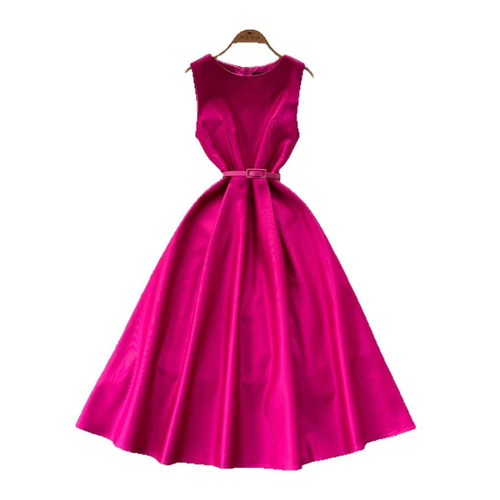 French Dress Women's Summer High-end Feeling with Belt Waist Round Neck Sleeveless Big Swing Vest Dress