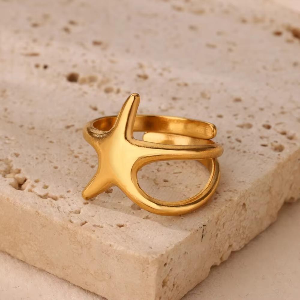 Elegante Edelstahl-Großblüten-Ringe für Damen, Goldfarbe, Sonne, Seestern, Offener Ring, Fingerschmuck, Hochzeit, Ihr Geschenk, Punk
