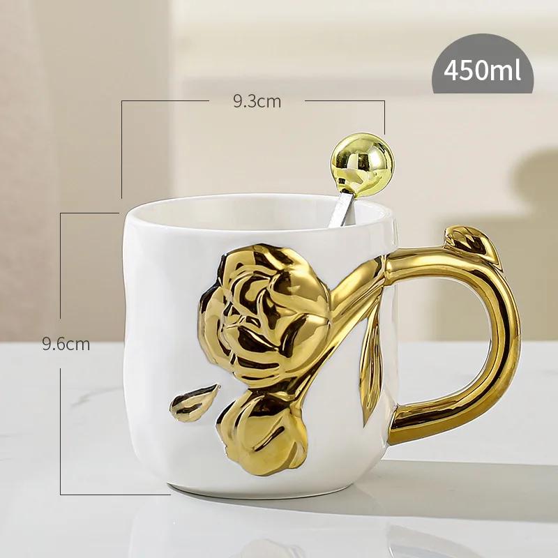 Electroplated Ceramic Mug with Handle Spoon, Creative Light, Luxury Relief Flowers, Home Water Cup, 450ml Capacity, 1Pc