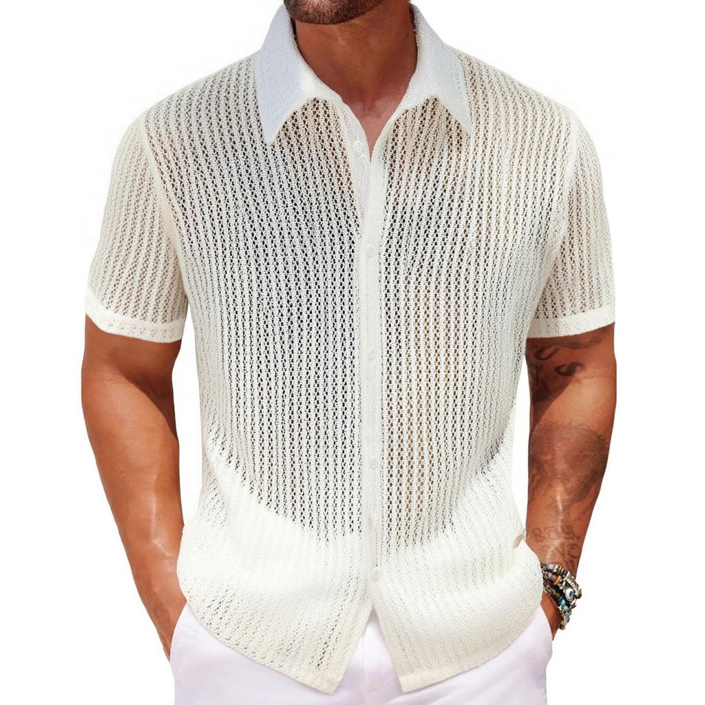 Men's Summer Sexy Hollow Shirt Summer Casual Short-sleeved Lapel Shirt