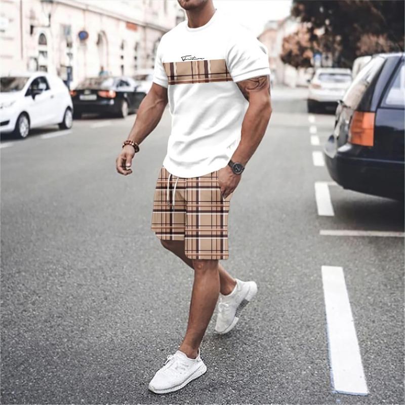 Vacanza estiva Set T-shirt da uomo Stampa 3D Tinta unita Uomo Maglietta a maniche corte Girocollo Pantaloncini Set due pezzi Abiti casual da uomo Abbigliamento