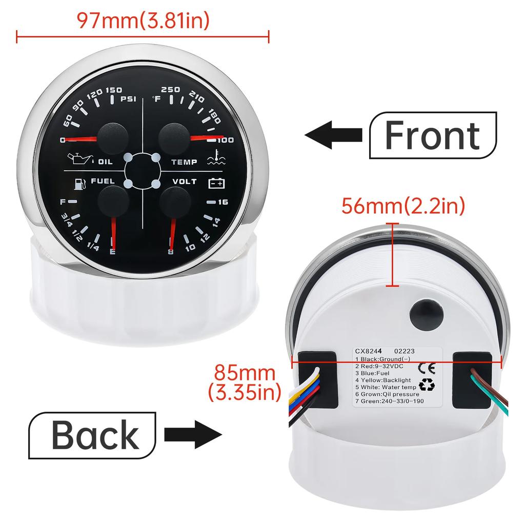85mm 4 In 1 Gauge Oil Press Gauge Water Temp Meter Fuel Level Gauge Voltmeter With Alarm For Marine Boat Car Waterproof 12V 24V