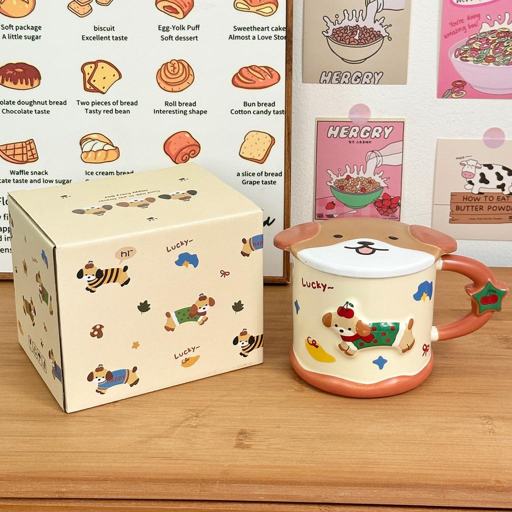 Smart Dachshund Dog Ceramic Cup Mug with Lid Student Water Cup Home Souvenir Birthday Gift Couple Cup