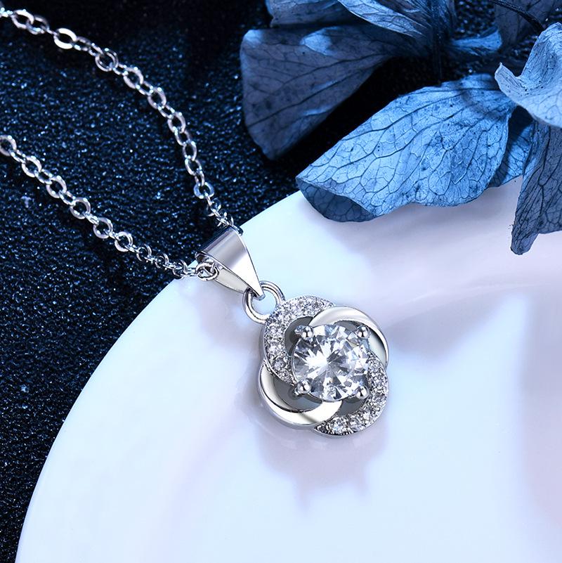 Korean Style Four-Leaf Clover Zircon Pendant White Gold Plated Necklace
