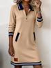 2026 Women's Casual Color Block Lapel Zipper Dress with Pockets