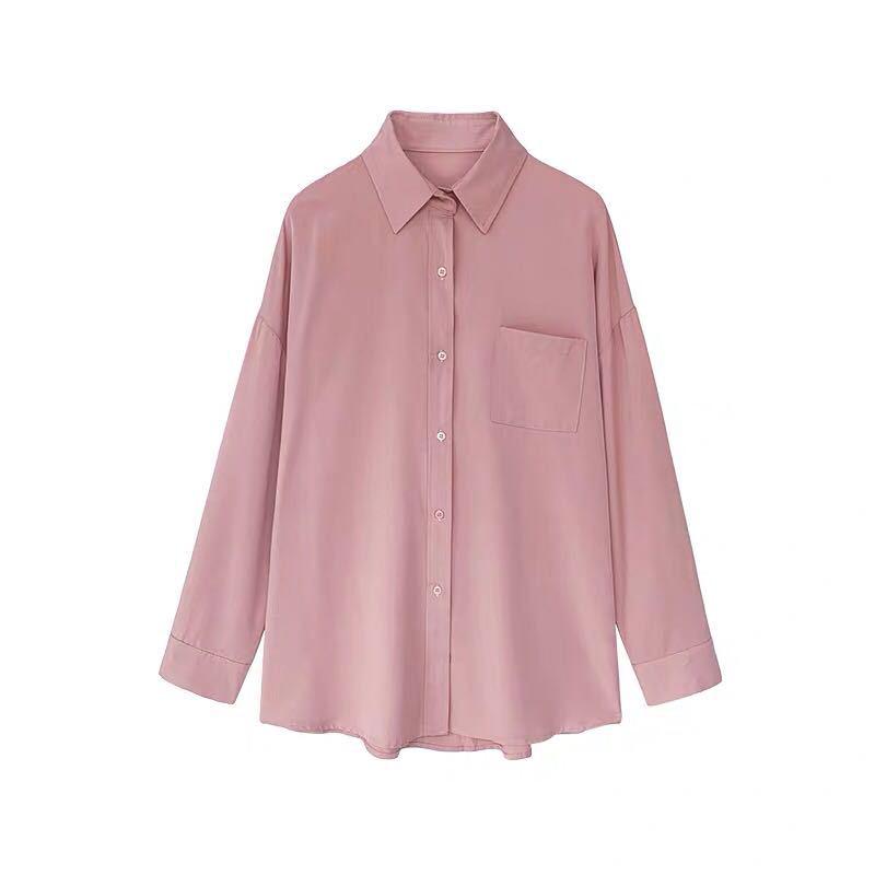 Women's Pink Long-Sleeve Chiffon French Shirt - Popular Spring/Autumn Fashion in Large Sizes