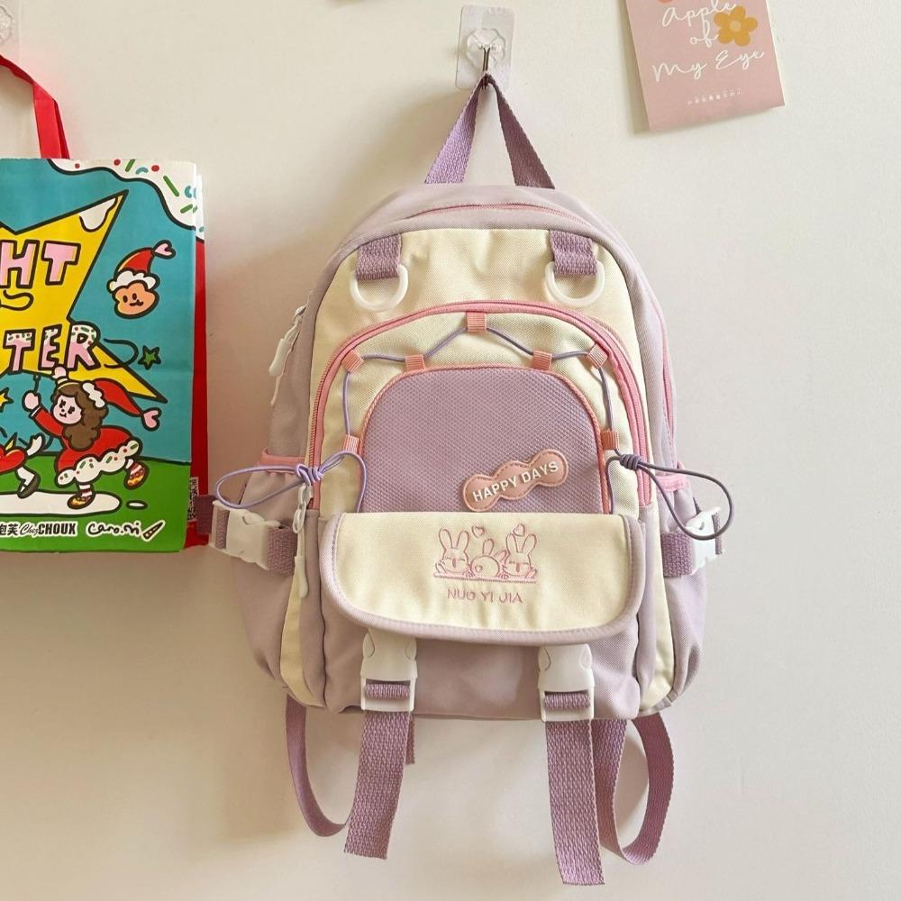 Cute Contrast Color Backpack Large Capacity Wear-resistant Students Schoolbag Nylon Multiple Pockets Travel Rucksack