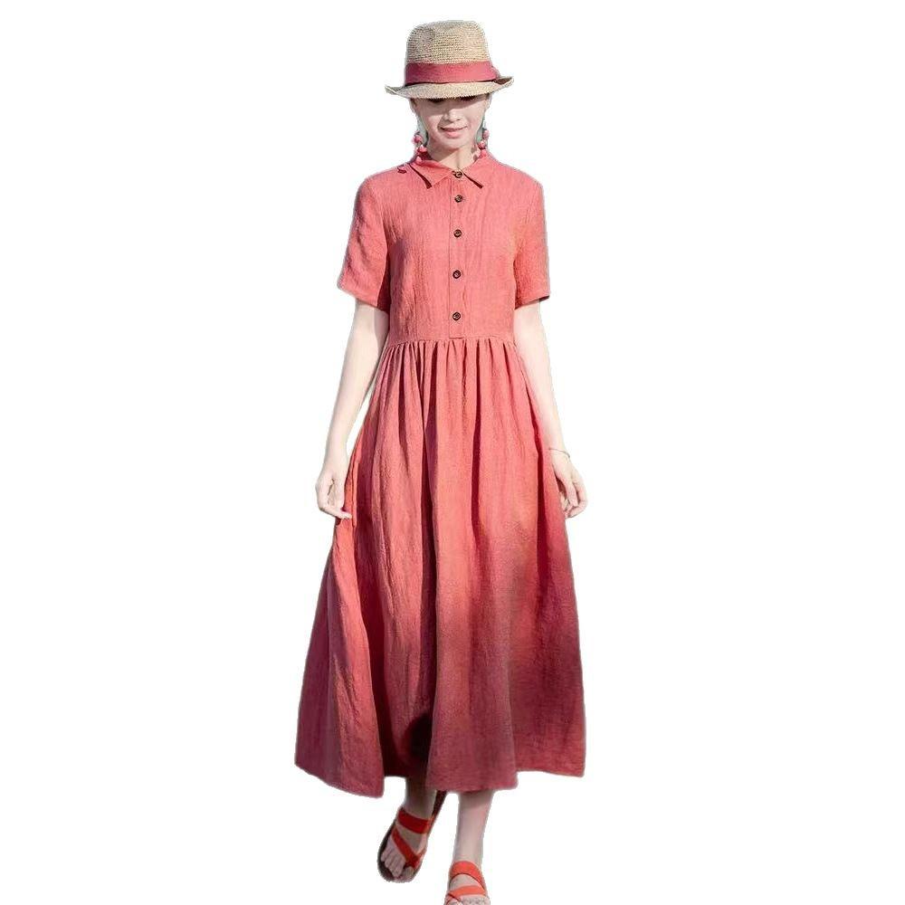 2025 summer new solid color cotton and linen dress women's Polo collar short sleeve lace-up waist temperament long dress