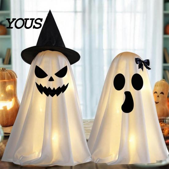 Halloween Ghost Decor Decoration, Indoor Tabletop Standing with Witch Spooky White Ornament Hat/Bow for Mantel Dining Table Party Home