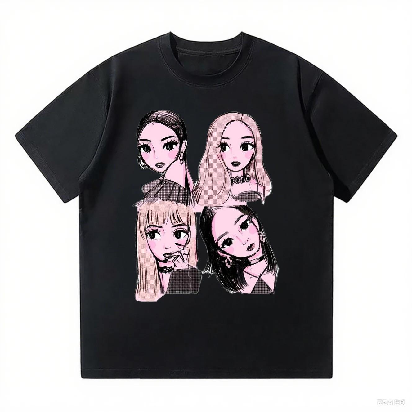 

2026 Новый корейский Kpop BP Розовые Девочки Графический Харадзюку Футболки Свободные и Удобные Футболка из Плотного Хлопка Женская Мода Повседневный Топ 4XL