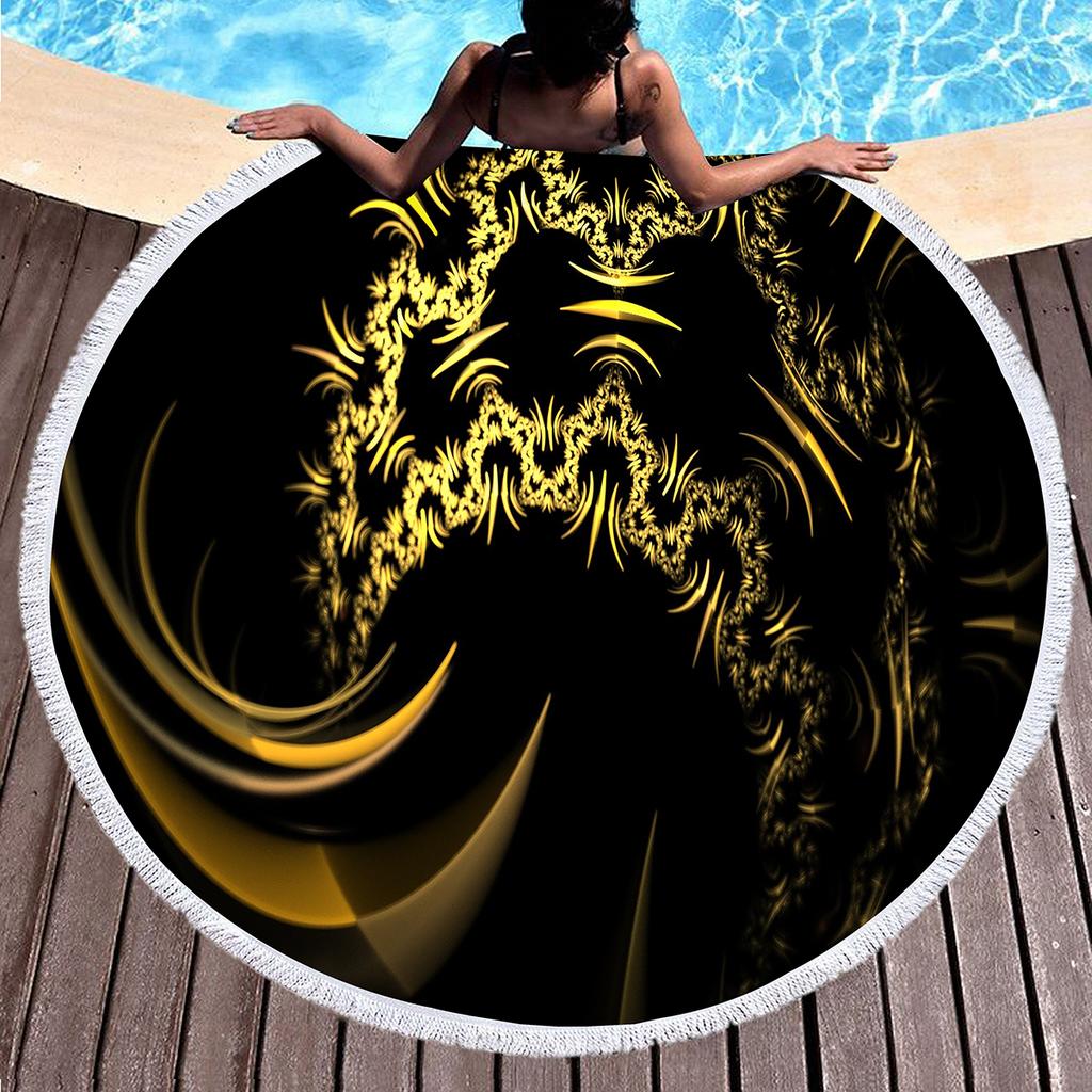 Vintage Gold Printed Round Beach Blanket,Polyester Sand Resistant Shawl Beach Towel,Absorbent Quick Dry Pool Towel Picnic Mat