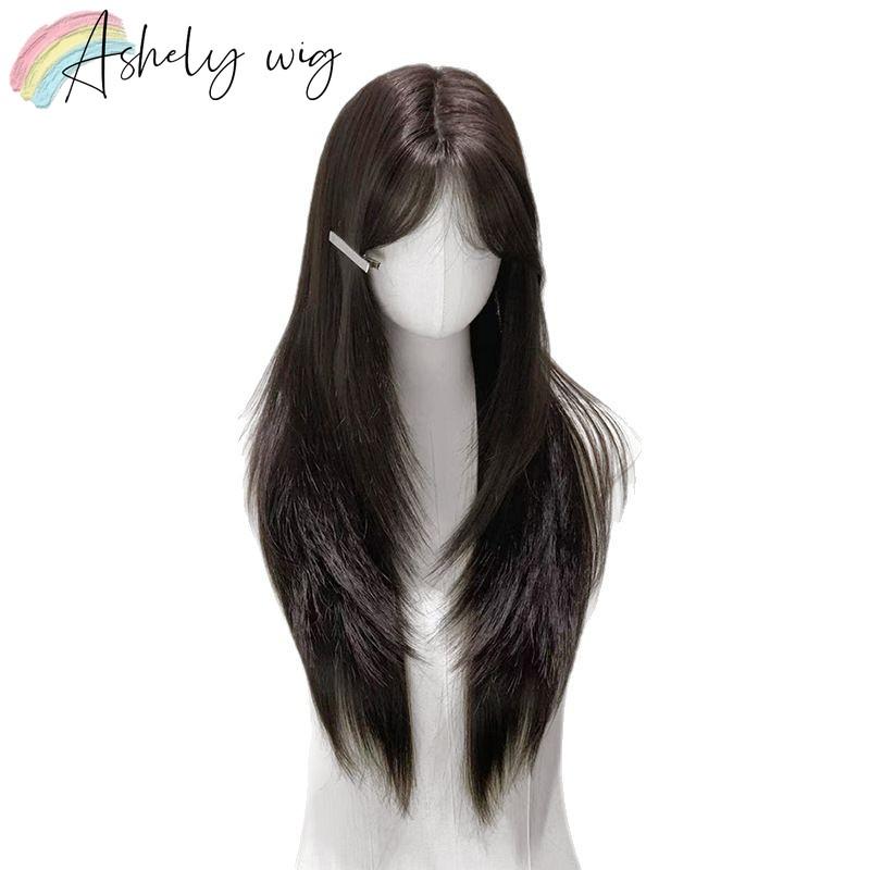 Ashely Black Brown Wig for Women Layer Straight Hair Wig with Curtain Bangs Synthetic Wigs High Temperature Fibers for daily use