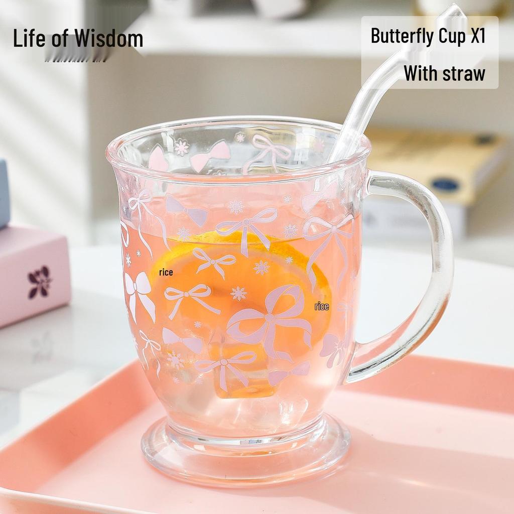 Floral Bow Large Capacity Glass Cup with Handle