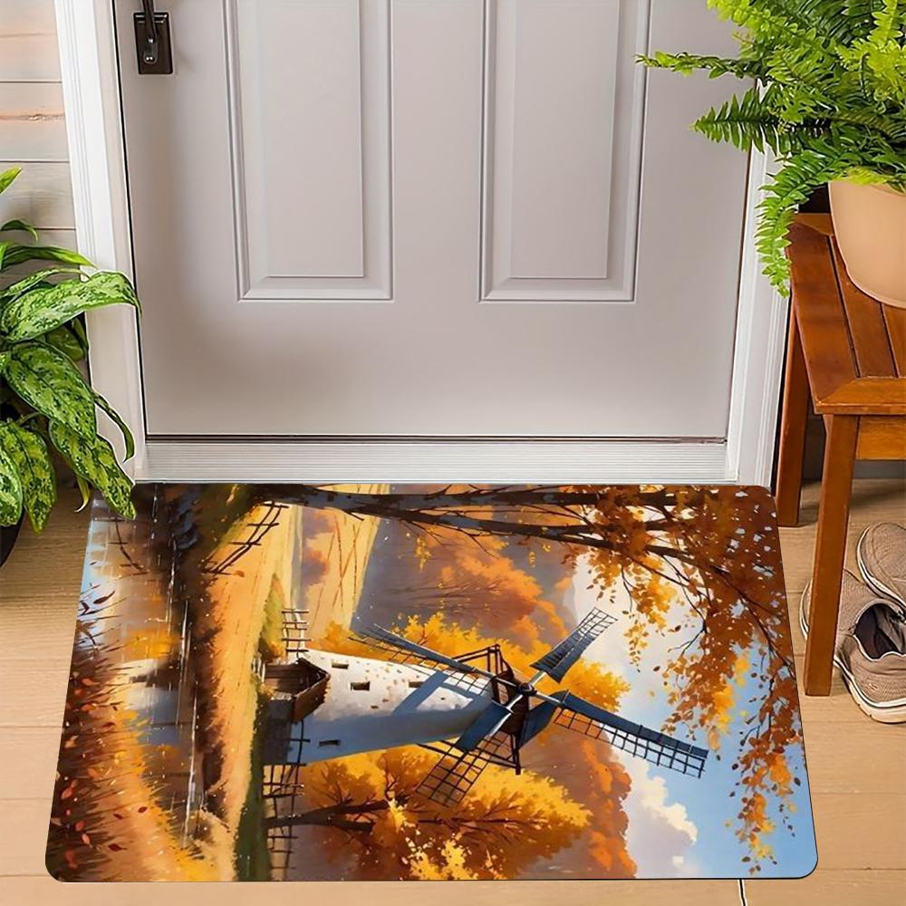Vintage Windmill Door Mat With Scenic Rural Landscape Artistic Patterns Soft NonSlip Mat For Home Entrance, Patio, Balcony,