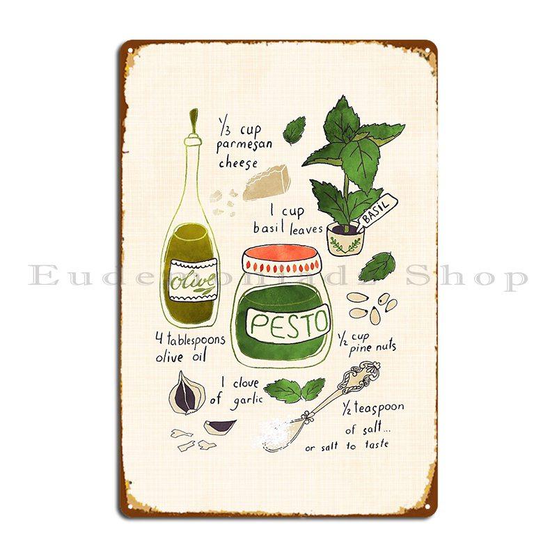 Pesto Illustrated Recipe Metal Plaque Create Designer Party Plates Cinema Wall Cave Tin Sign Poster
