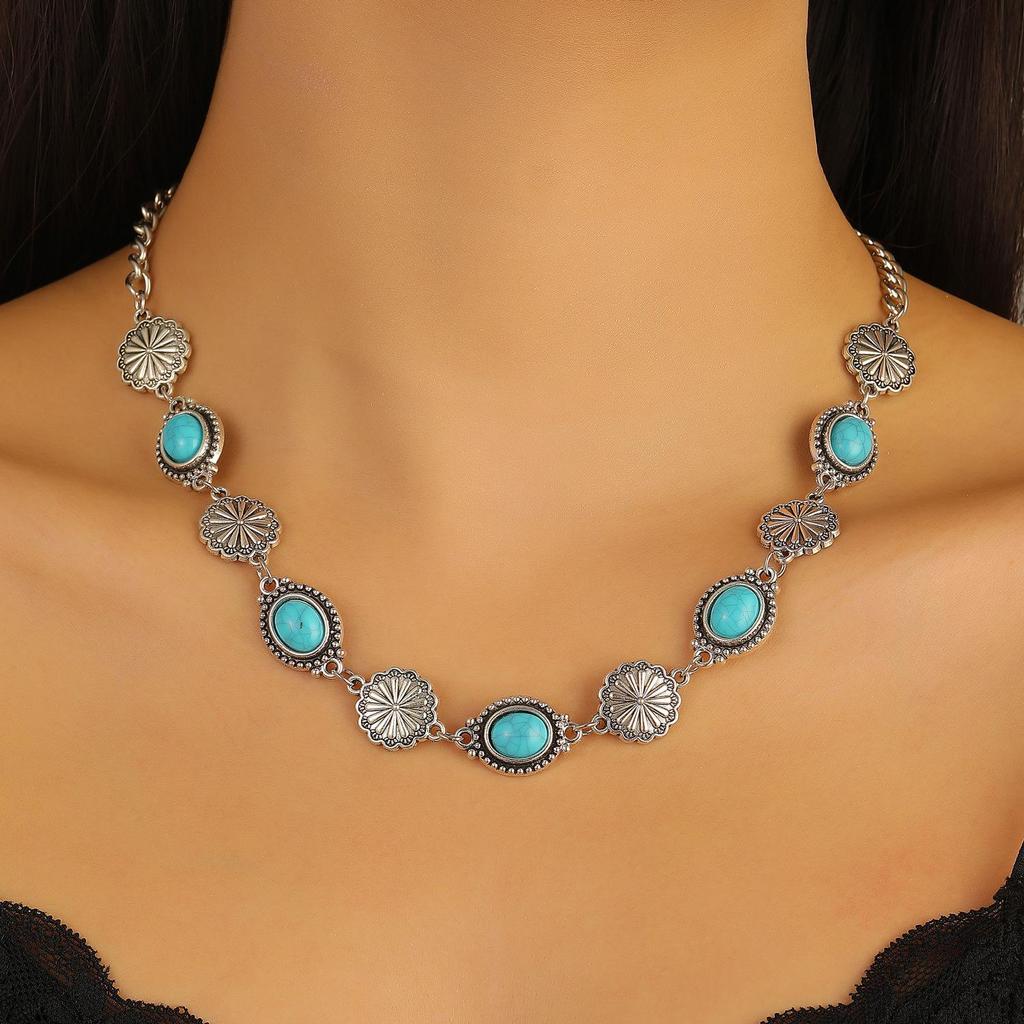 Retro Bohemian Ethnic Jewelry Set: Oval Floral Turquoise Necklace, Bracelet & Ring