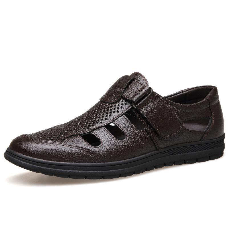 

Summer casual middle-aged and elderly sandals men s leather breathable leather shoes hollow hole dad shoes soft sole first layer cowhide 44 коричневый