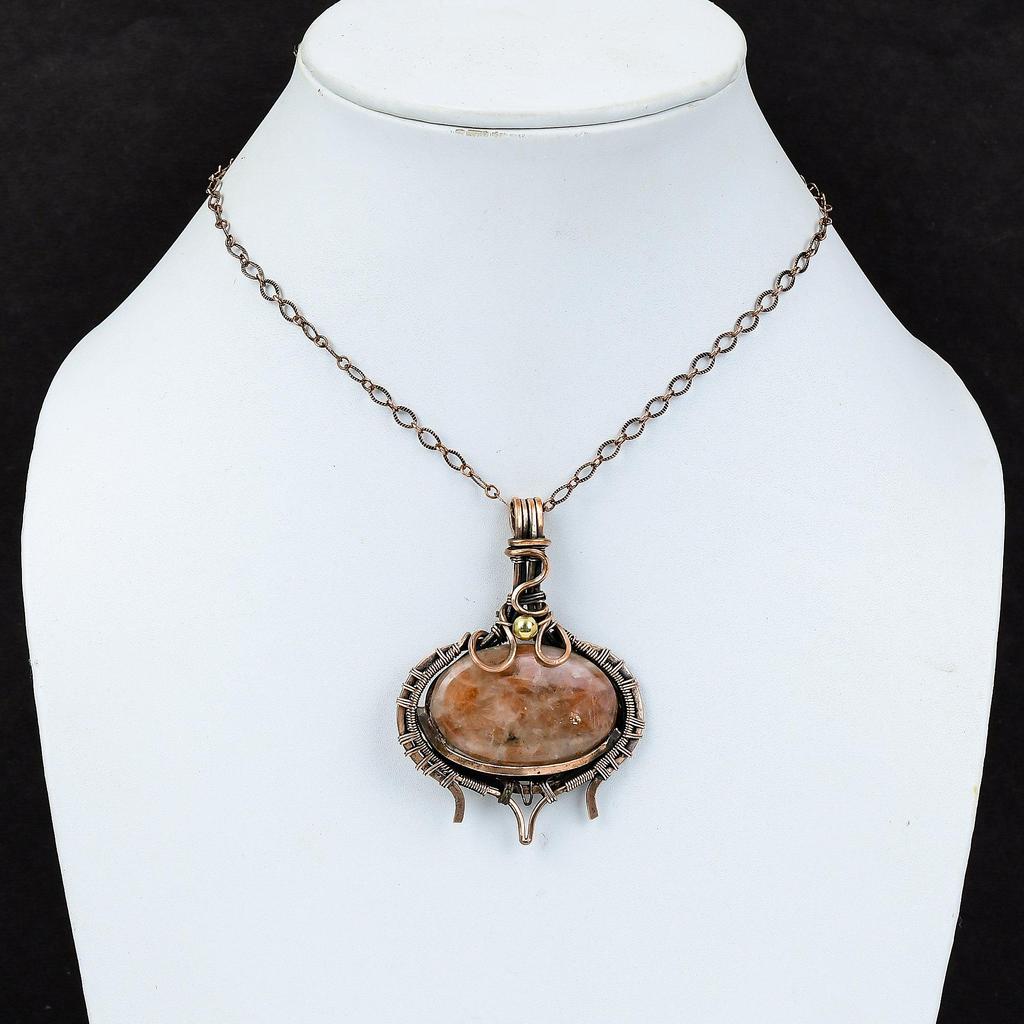 Orange Aventurine Gemstone Pure Copper Wire Wrapped Handmade Pendant Jewelry For Her