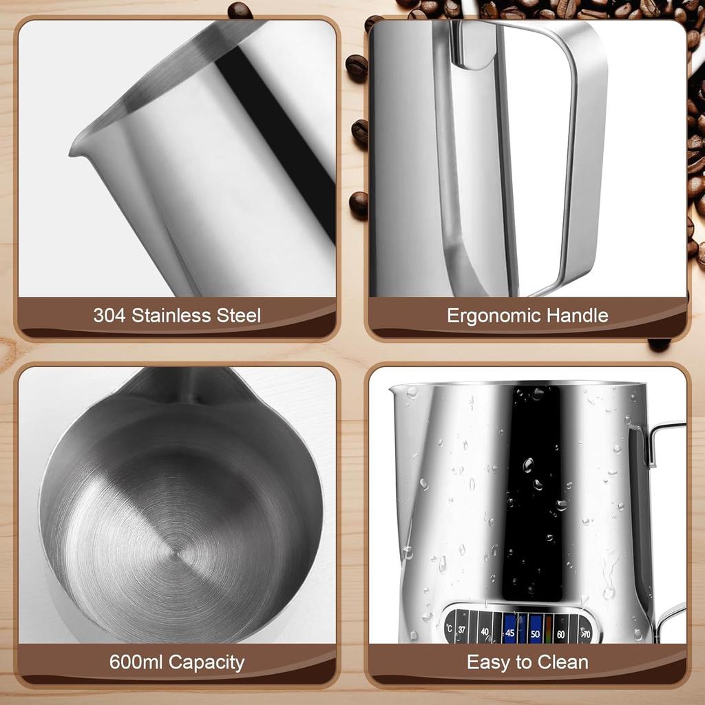 Milk Frothing Pitcher 600ml Stainless Steel Coffee Milk Frother Steamer Cup Foam Making with Thermometer for Making Espresso Cappuccino Latte Hot