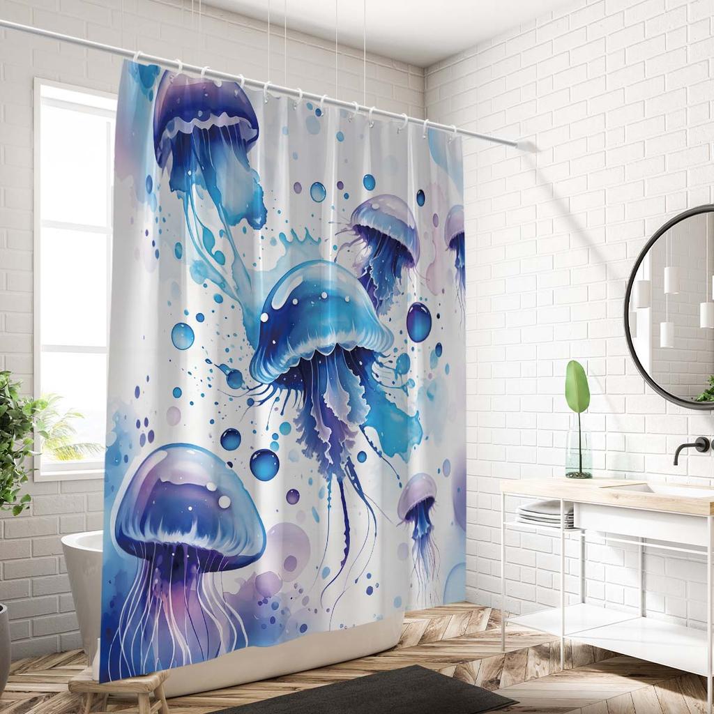1PC Watercolor jellyfish pattern printed shower curtain, waterproof, with 12 hooks, bathroom showers, bathtub, home use