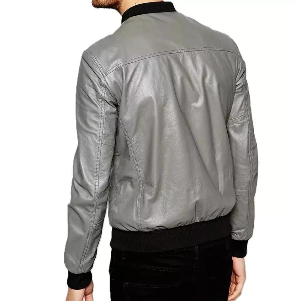 Classic Style Gray Men's Bomber MJacket Real Lambskin Leather Biker Handmade