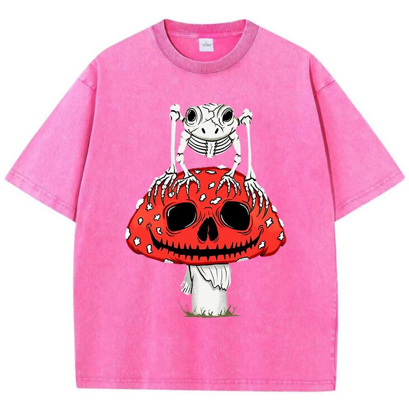 Cottagecore Mushrooms Skeleton Frog Print Women Washed T Shirt Summer Cotton T-Shirt Casual O-Neck Clothes